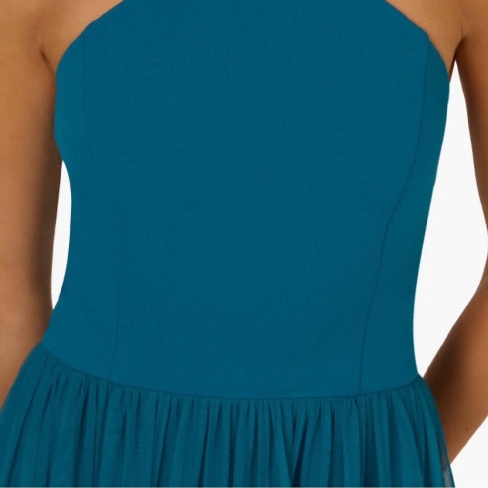 NWT ADRIANNA PAPELL Teal Sleeveless Halter Neck Tiered Mesh Ruffle Dress Size 10 - Picture 5 of 7